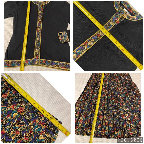 VTG Anne Crimmins for Umi Collections Black Floral Pleated Silk Skirt Set Med 10 - Picture 5 of 16